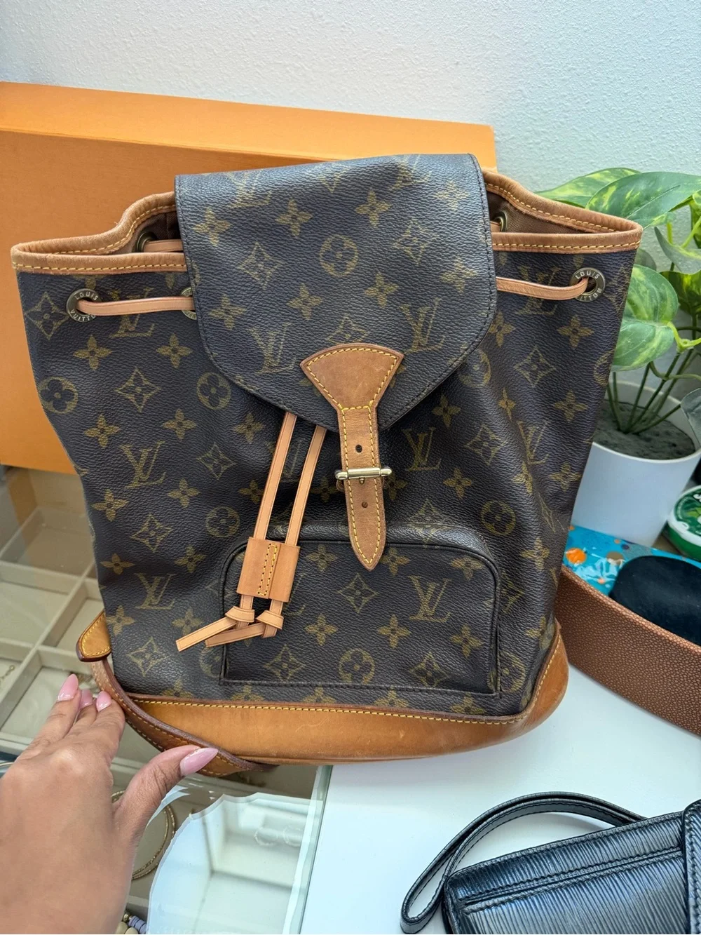 Louis Vuitton Monogram Canvas Drawstring Backpack with Tan Trim